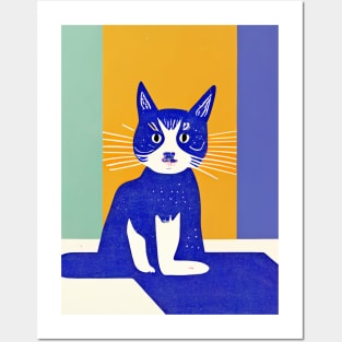 Blue Kitten Retro Poster Vintage Art Purple Wall Blue Orange Illustration Posters and Art